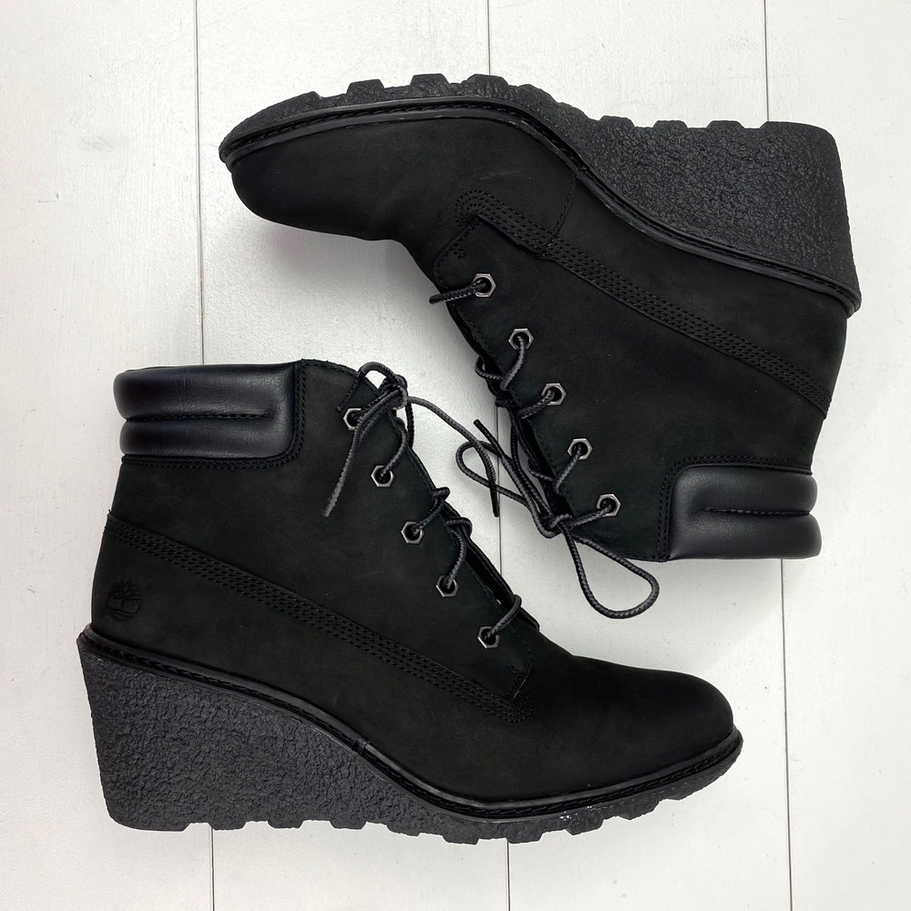 Timberland Amston 6 Inch Wedge Boots Womens Size 8 Black Nubuck 8253A